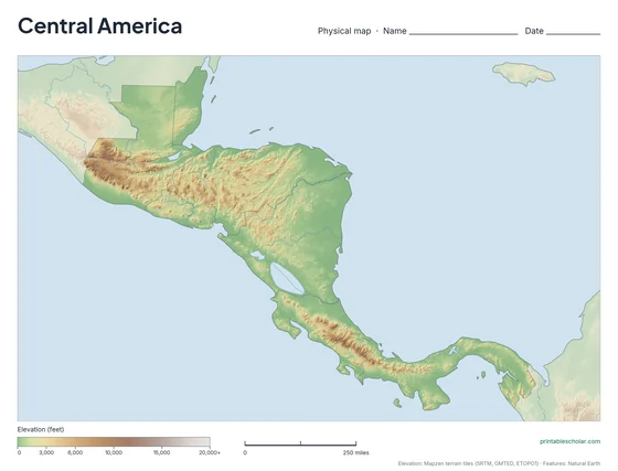 Central America map: physical, blank