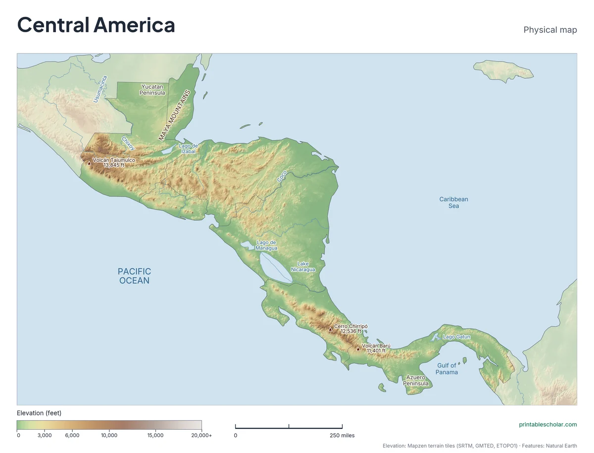 Physical map of Central America with mountains, rivers and seas labeled