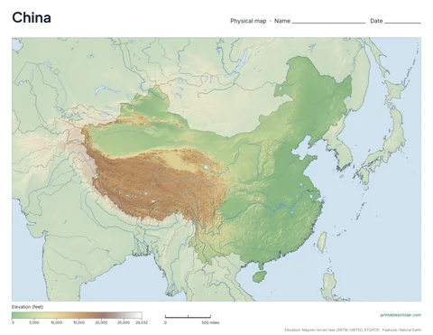 China physical map, blank, for labeling practice