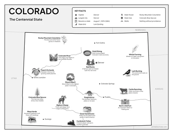 Black and white illustrated map of Colorado