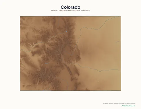 Colorado blank physical map — same topographic relief, no labels, for label-it-yourself geography exercises