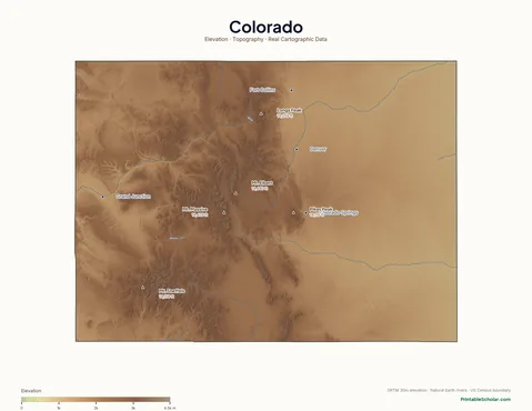 Colorado physical map labeled — showing the Rocky Mountains, Front Range, San Juan Mountains, and Eastern Plains, with peak elevations and major cities marked