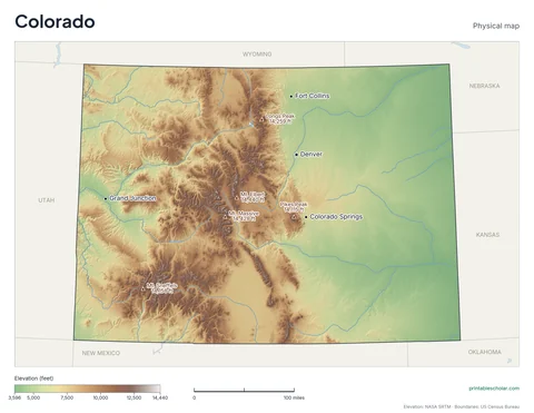 Colorado physical map, labeled: the Rocky Mountains, Front Range, San Juan Mountains, and Eastern Plains, with the capital, cities and highest point marked