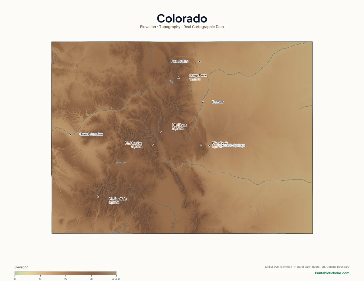 Colorado physical map showing the Rocky Mountains, Front Range, San Juan Mountains, and Eastern Plains, with major peaks and cities labeled. Topographic relief from NASA SRTM elevation data.