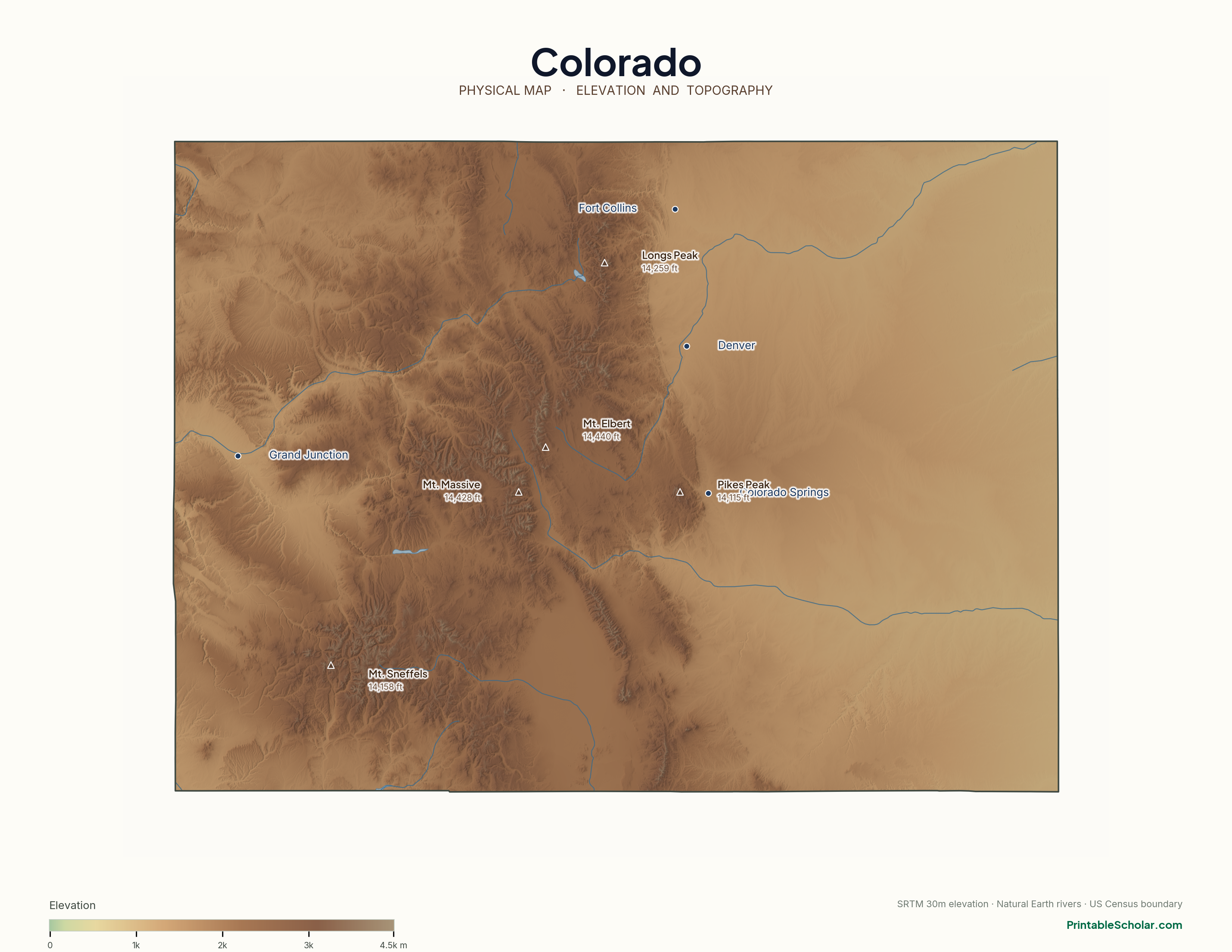 Colorado physical map with labeled peaks, cities, and rivers