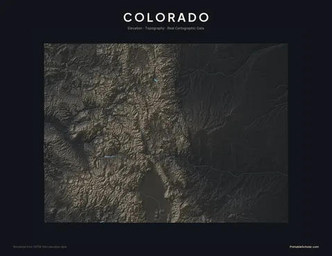 Colorado topographic relief poster — high-contrast monochrome rendering of the Rocky Mountains, Front Range, San Juan Mountains, and Eastern Plains