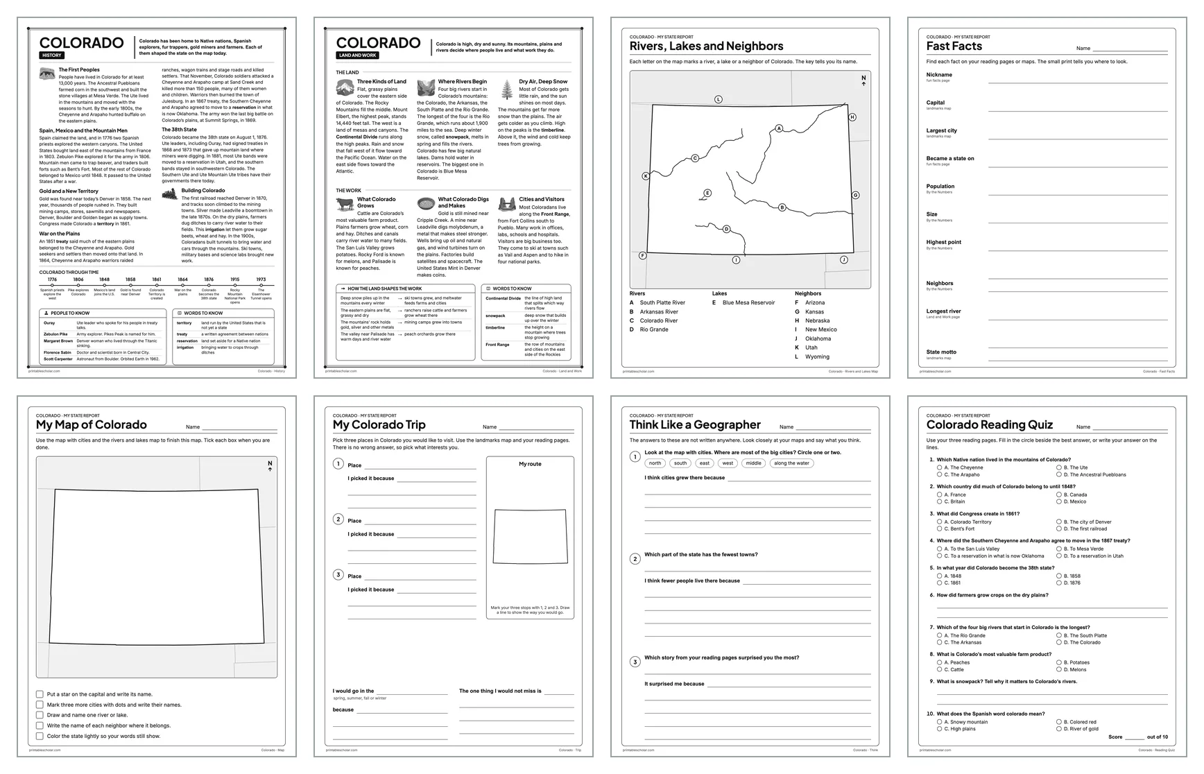 Eight pages from the Colorado State Report Kit: History, Land and Work, the rivers and lakes map, Fast Facts, My Map, My Trip, Think Like a Geographer and the reading quiz