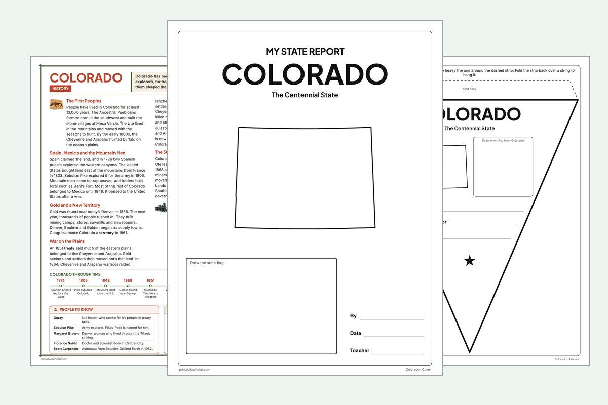 Colorado State Report Kit: the report booklet cover, the history reading page and the pennant