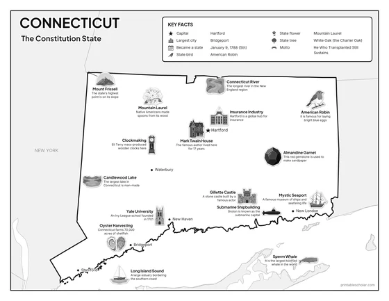 Black and white illustrated map of Connecticut
