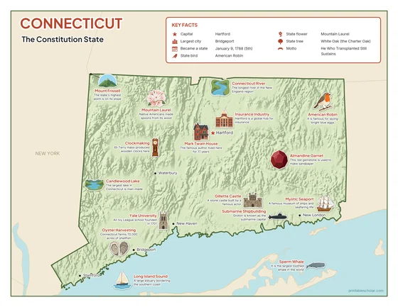 Illustrated map of Connecticut in color