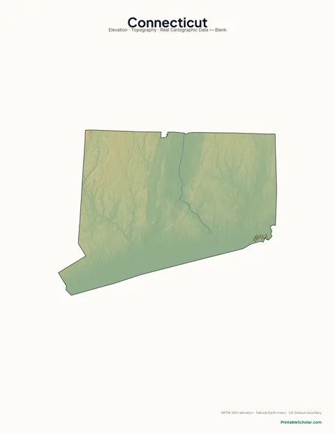 Connecticut blank physical map — same topographic relief, no labels, for label-it-yourself geography exercises