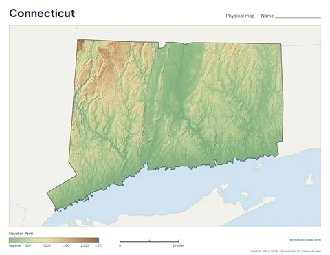 Connecticut blank physical map: the same terrain with no labels, for labeling practice