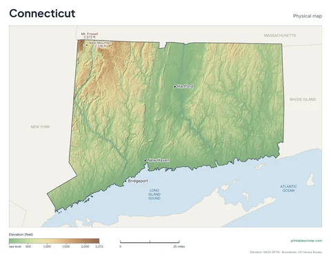 Connecticut physical map, labeled: the Litchfield Hills, the Connecticut River Valley, and the Long Island Sound coast, with the capital, cities and highest point marked