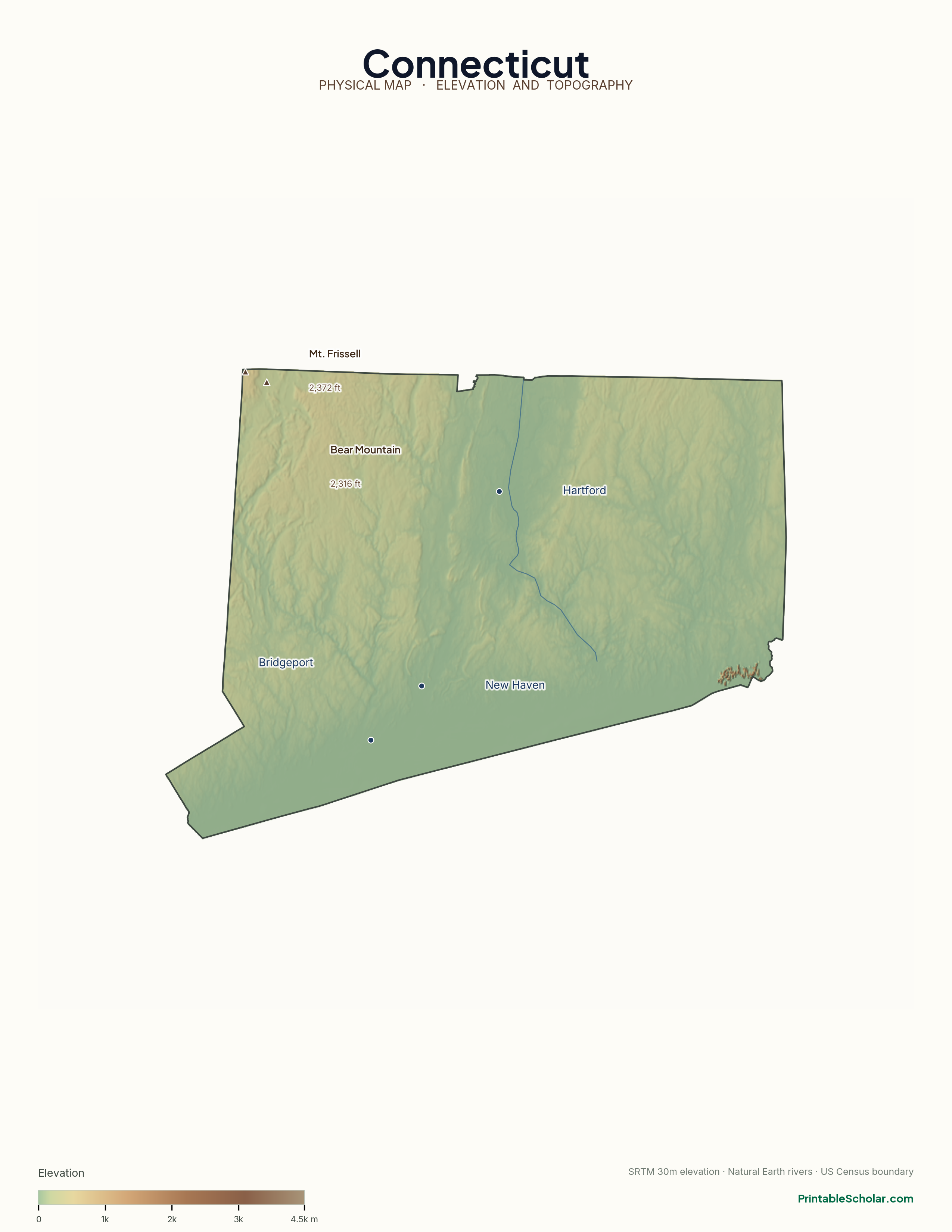 Connecticut physical map with labeled peaks, cities, and rivers