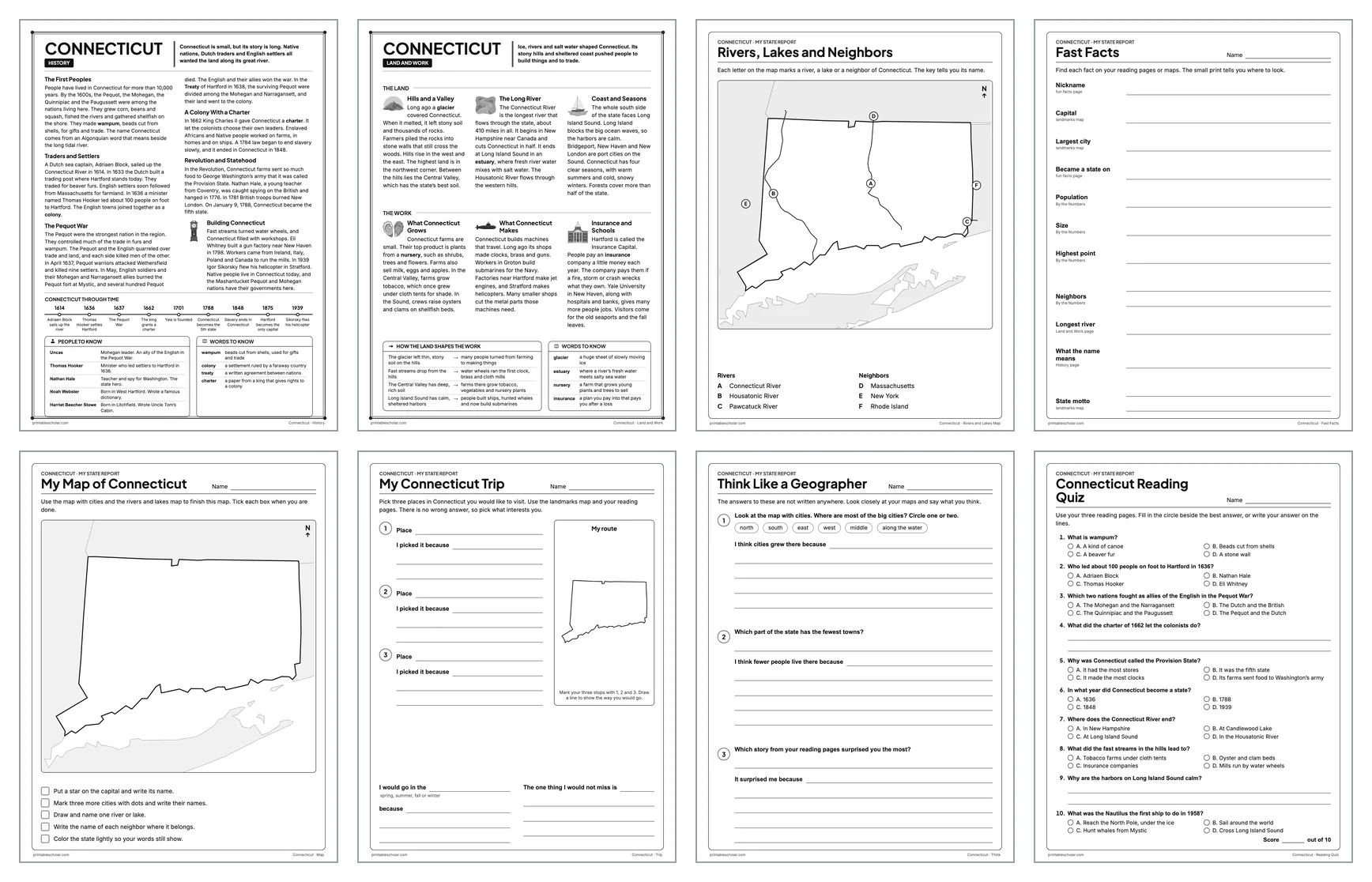 Eight pages from the Connecticut State Report Kit: History, Land and Work, the rivers and lakes map, Fast Facts, My Map, My Trip, Think Like a Geographer and the reading quiz