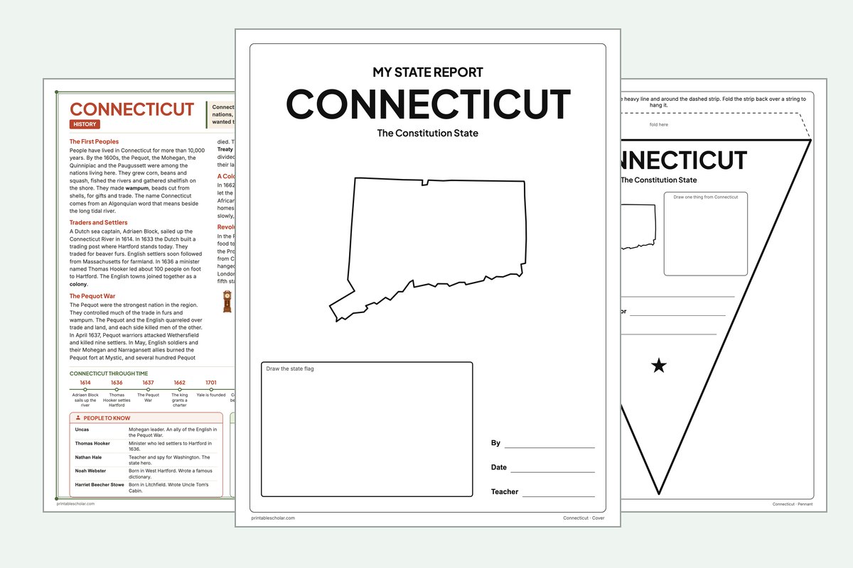 Connecticut State Report Kit: the report booklet cover, the history reading page and the pennant