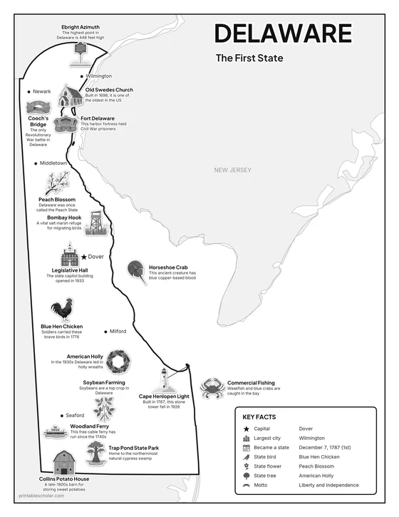 Black and white illustrated map of Delaware