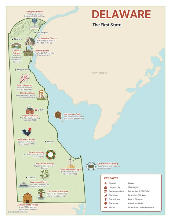 Illustrated map of Delaware in color