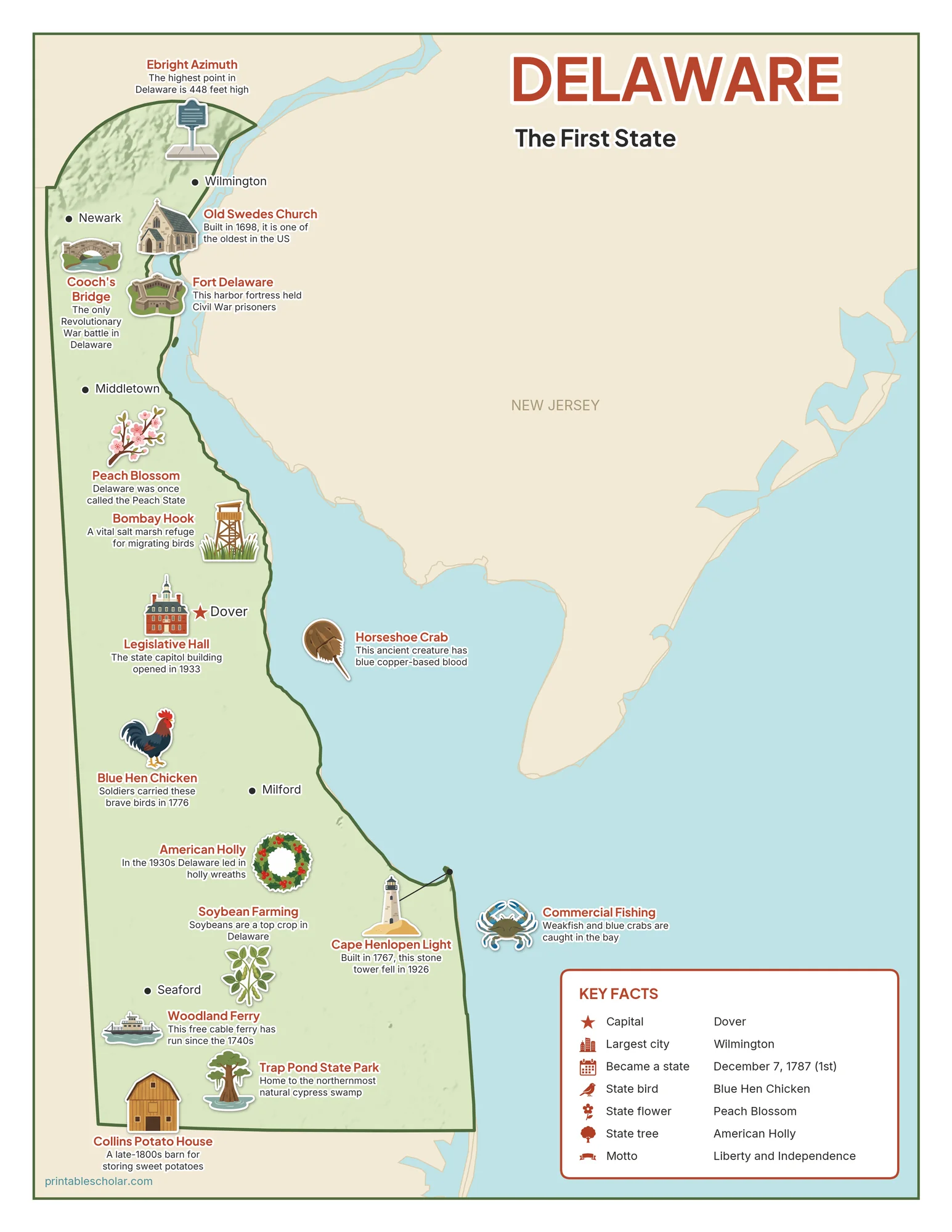 Illustrated map of Delaware with landmarks, industries and state symbols