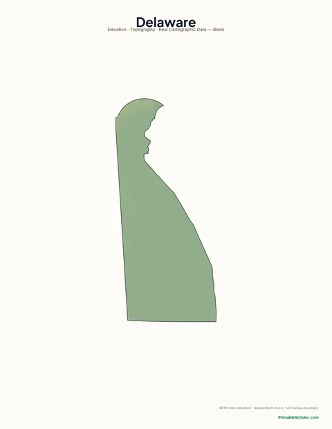 Delaware blank physical map — same topographic relief, no labels, for label-it-yourself geography exercises