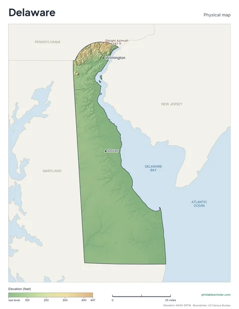 Delaware physical map, labeled: the Piedmont in the north and the Atlantic Coastal Plain in the south, with the capital, cities and highest point marked