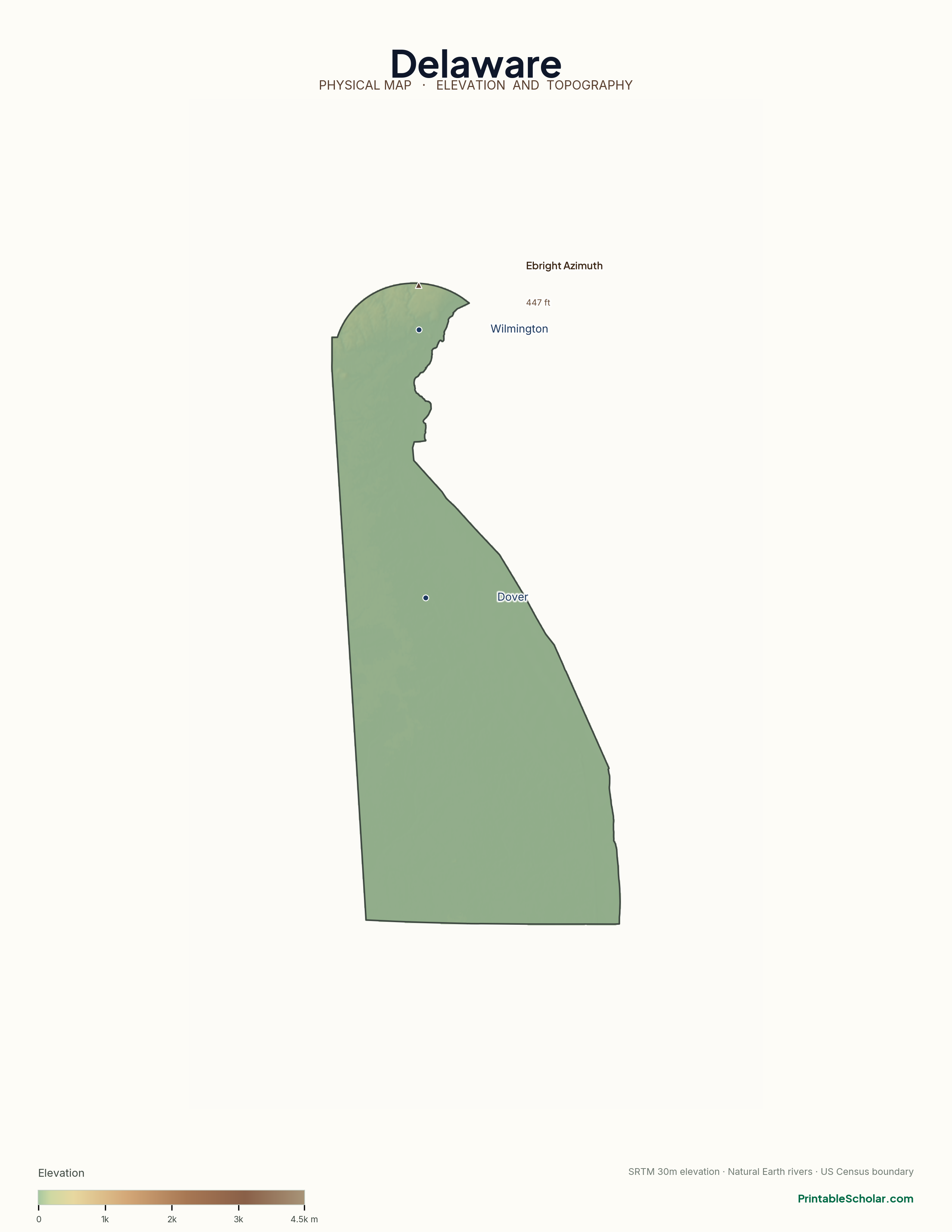 Delaware physical map with labeled peaks, cities, and rivers