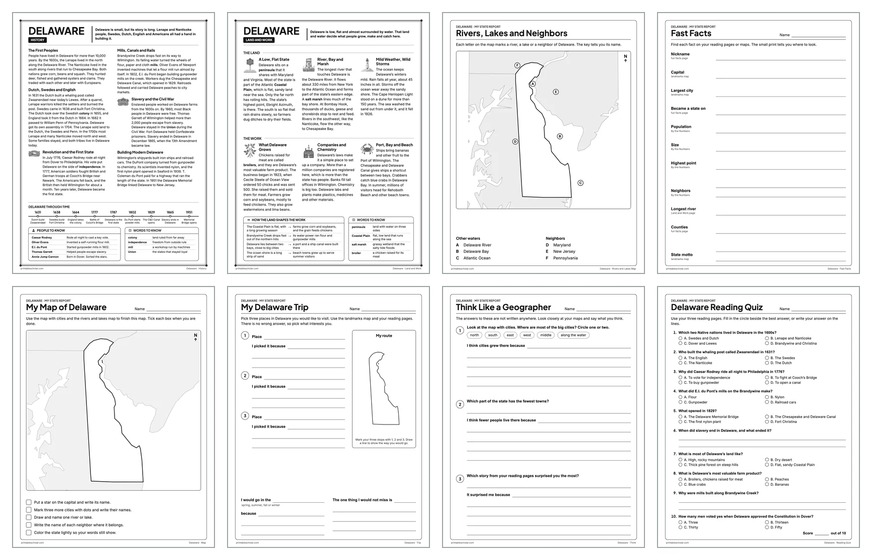 Eight pages from the Delaware State Report Kit: History, Land and Work, the rivers and lakes map, Fast Facts, My Map, My Trip, Think Like a Geographer and the reading quiz