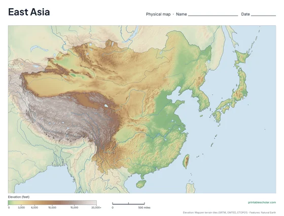 East Asia map: physical, blank
