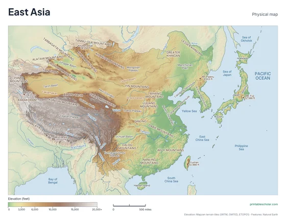 East Asia map: physical