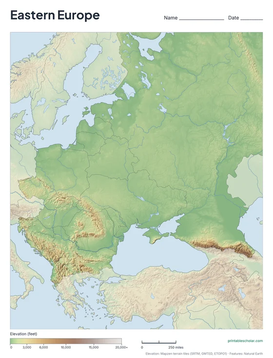 Eastern Europe map: physical, blank