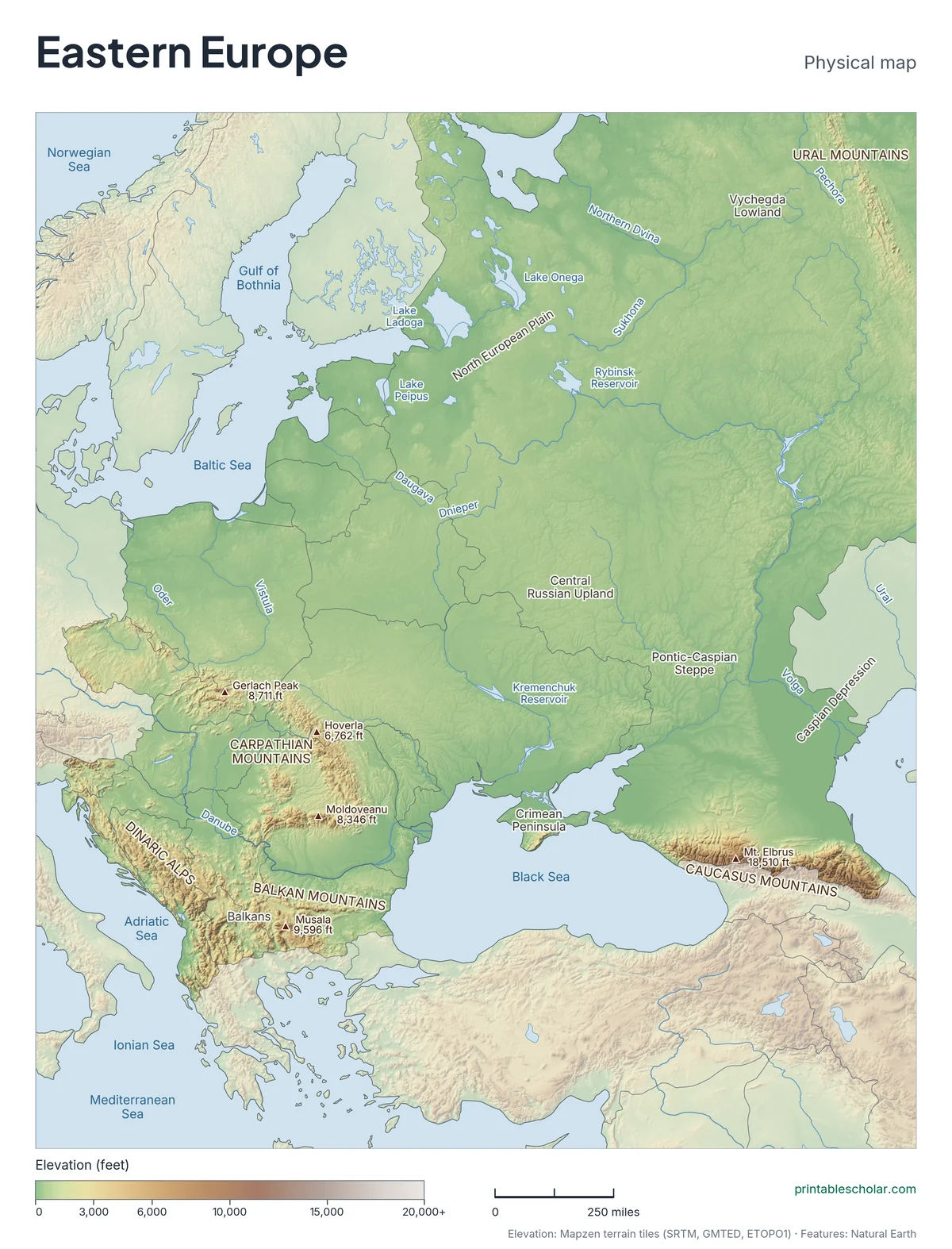 Physical map of Eastern Europe with mountains, rivers and seas labeled