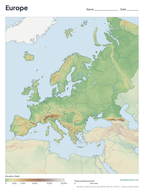 Europe physical map, blank, for labeling practice