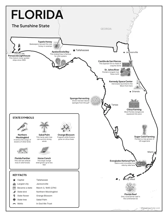Black and white illustrated map of Florida