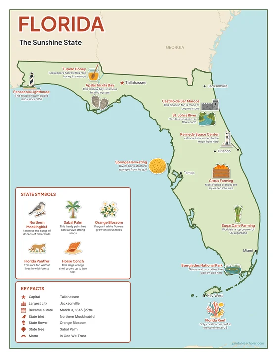 Illustrated map of Florida in color