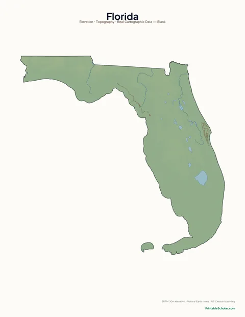 Florida blank physical map — same topographic relief, no labels, for label-it-yourself geography exercises