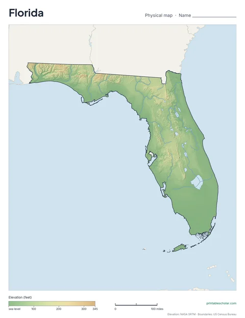Florida blank physical map: the same terrain with no labels, for labeling practice
