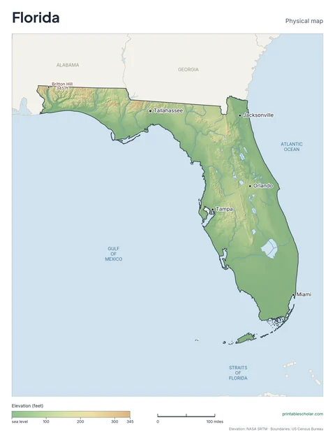 Florida physical map, labeled: the rolling hills of the Panhandle, the central lakes region, the Everglades, and the Florida Keys, with the capital, cities and highest point marked