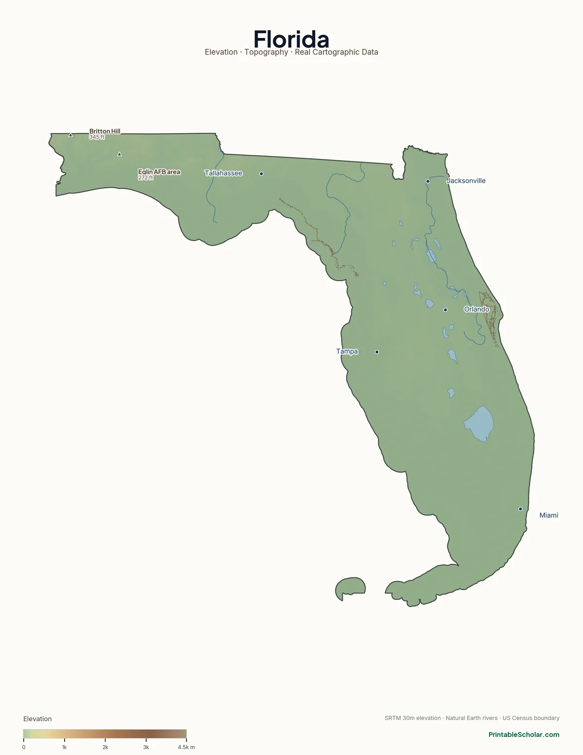 Florida physical map showing the rolling hills of the Panhandle, the central lakes region, the Everglades, and the Florida Keys, with major peaks and cities labeled. Topographic relief from NASA SRTM elevation data.