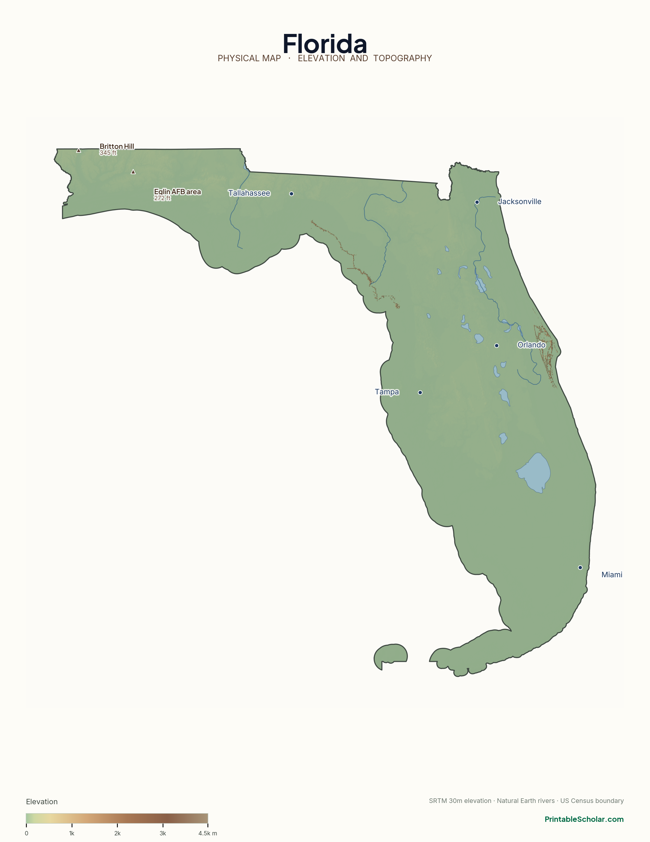 Florida physical map with labeled peaks, cities, and rivers