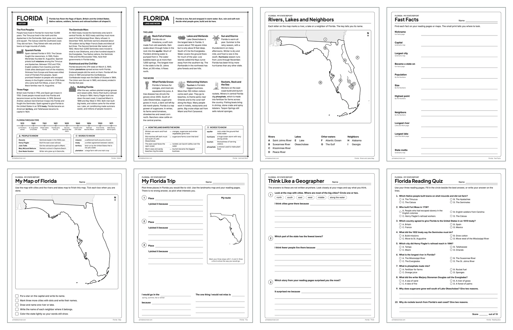 Eight pages from the Florida State Report Kit: History, Land and Work, the rivers and lakes map, Fast Facts, My Map, My Trip, Think Like a Geographer and the reading quiz
