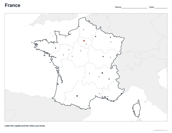 France Map with Cities, blank