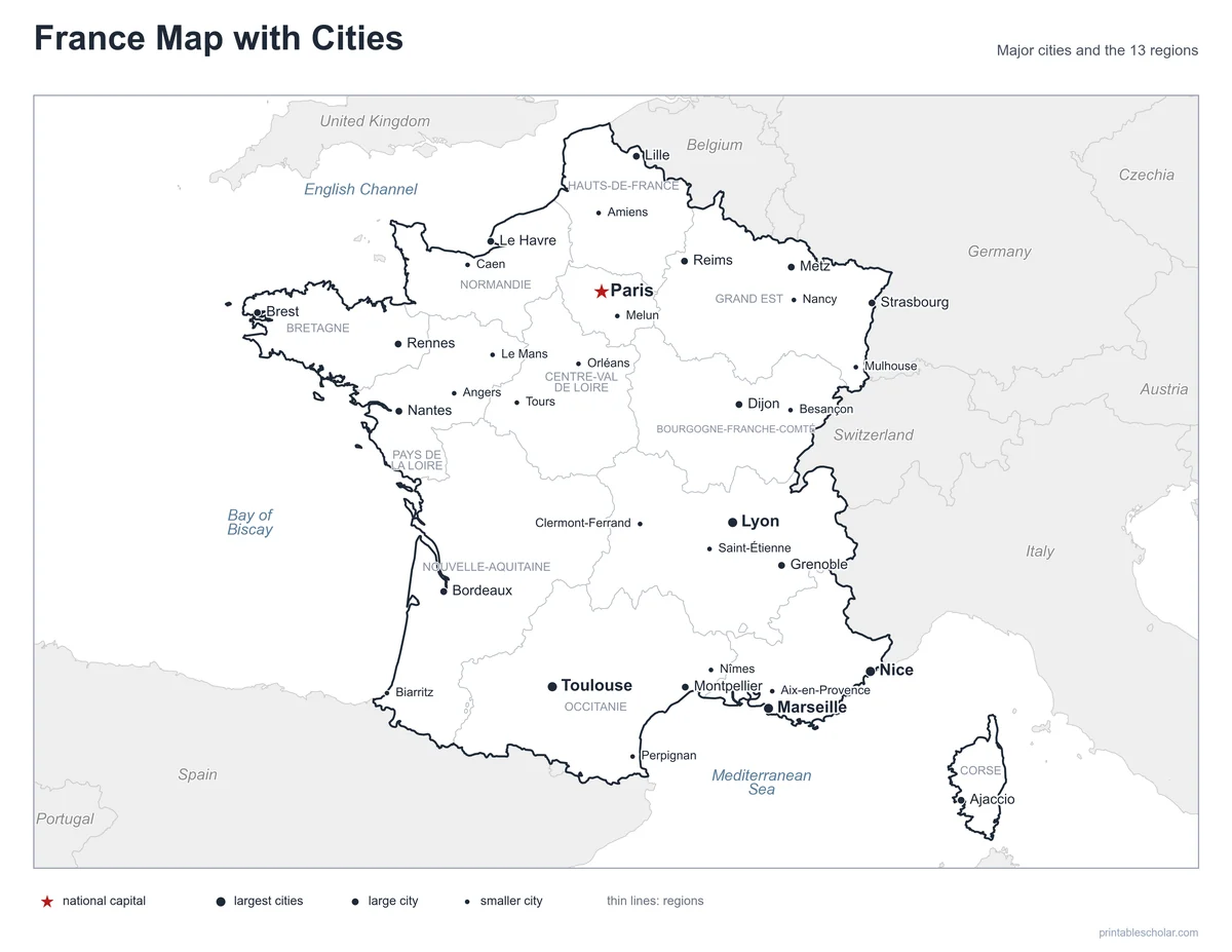 France Map with Cities, labeled
