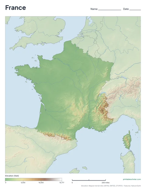 France physical map, blank, for labeling practice