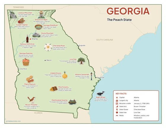 Illustrated map of Georgia in color