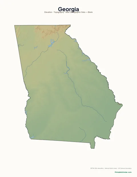 Georgia blank physical map — same topographic relief, no labels, for label-it-yourself geography exercises