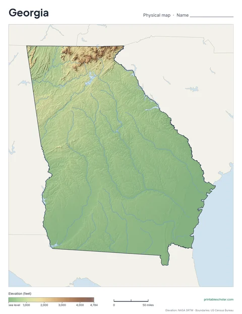 Georgia blank physical map: the same terrain with no labels, for labeling practice