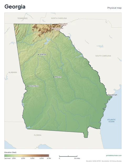 Georgia physical map, labeled: the Blue Ridge Mountains, the Piedmont, and the Coastal Plain, with the capital, cities and highest point marked