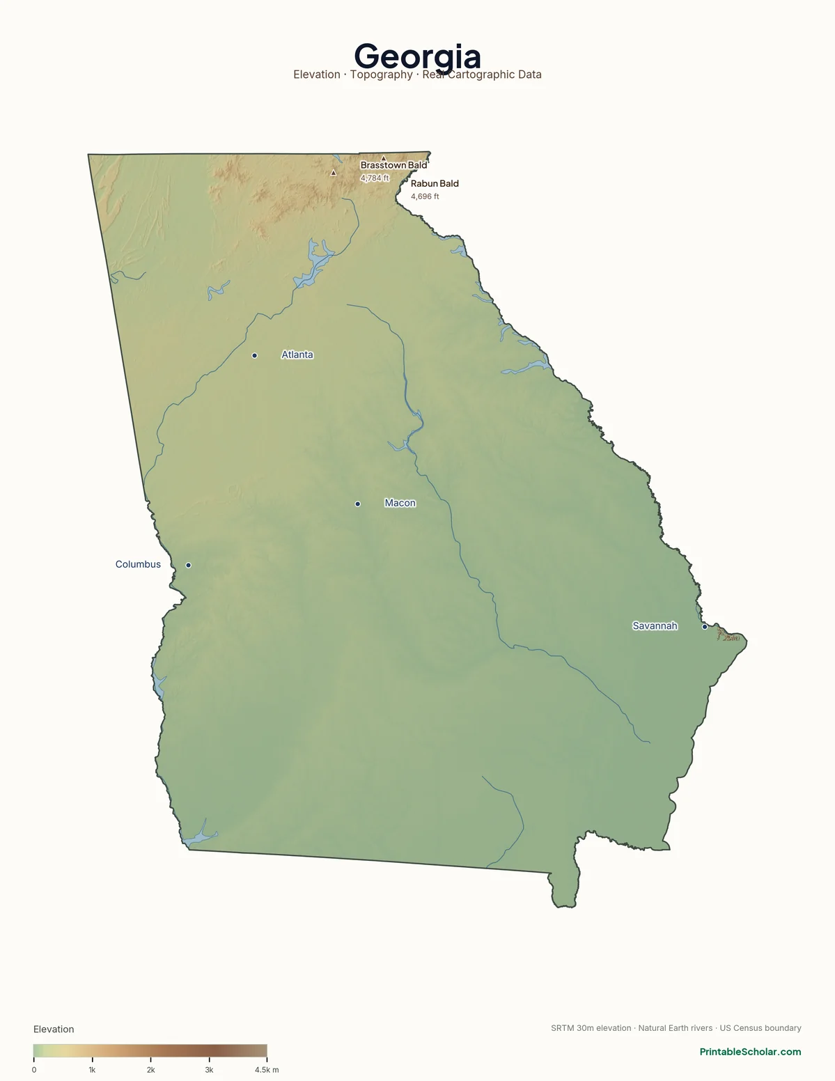 Georgia physical map showing the Blue Ridge Mountains, the Piedmont, and the Coastal Plain, with major peaks and cities labeled. Topographic relief from NASA SRTM elevation data.