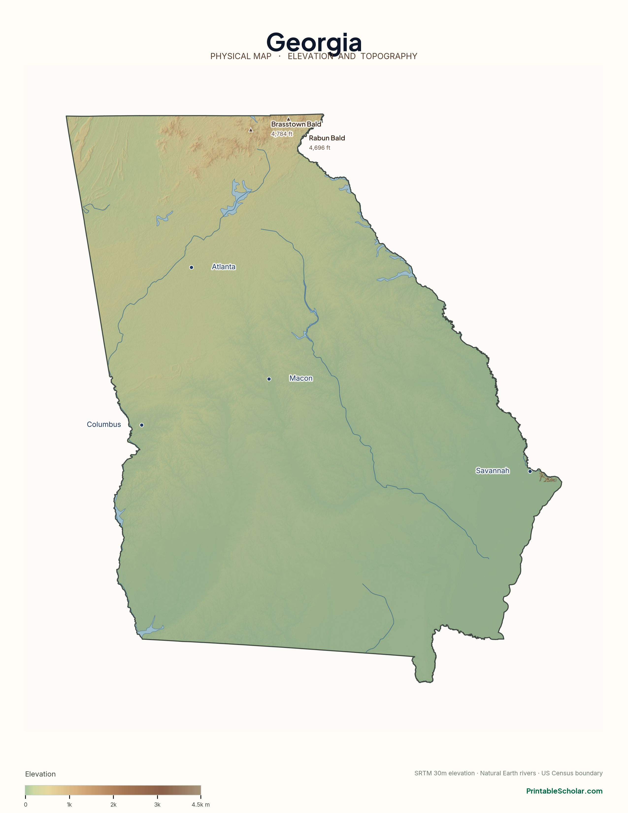 Georgia physical map with labeled peaks, cities, and rivers