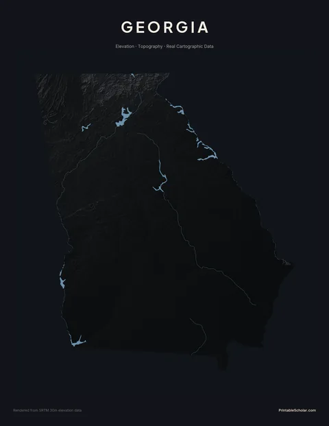 Georgia topographic relief poster — high-contrast monochrome rendering of the Blue Ridge Mountains, the Piedmont, and the Coastal Plain